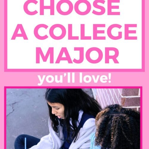 Featured blog image for choosing a college major. This image has a photograph of two college students studying over a hot pink background. There is hot pink text above the photograph that says how to choose a college major you'll love!