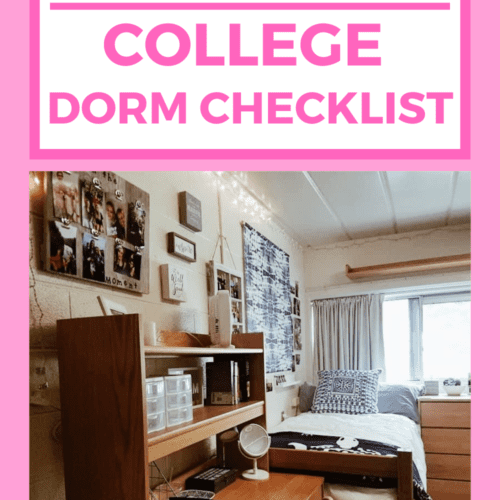 Featured blog image that includes white and blue dorm room decorations and pink text overlay that says the ultimate college dorm checklist
