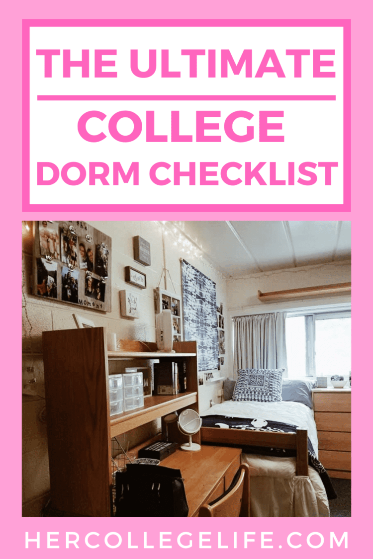 Featured blog image that includes white and blue dorm room decorations and pink text overlay that says the ultimate college dorm checklist