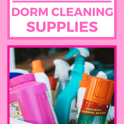 Blog featured image. Hot pink background with picture of basket of cleaning supplies and pink text overlay that says "the best dorm cleaning supplies".
