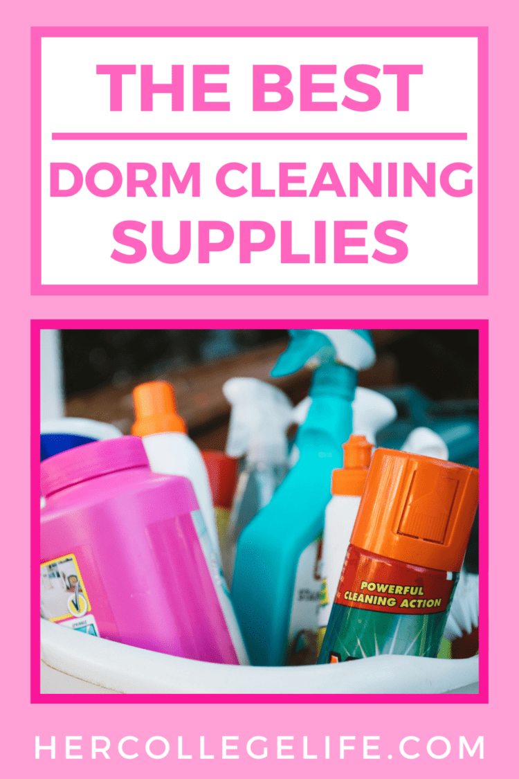 Blog featured image. Hot pink background with picture of basket of cleaning supplies and pink text overlay that says "the best dorm cleaning supplies".