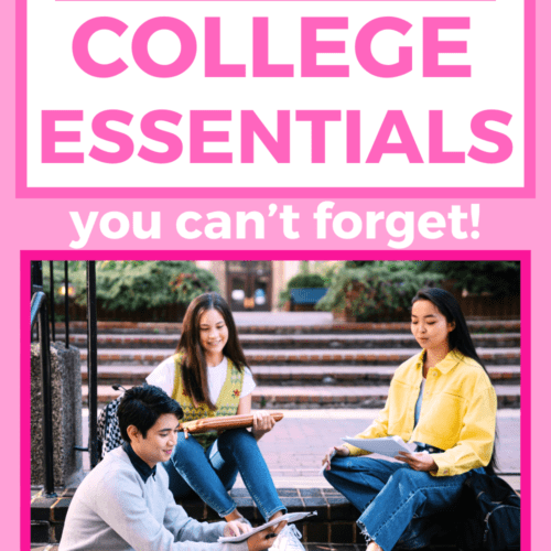 Featured blog image with hot pink background and picture of college students sitting on steps studying. Image has text overlay that says 20 unexpected college essentials you can't forget.