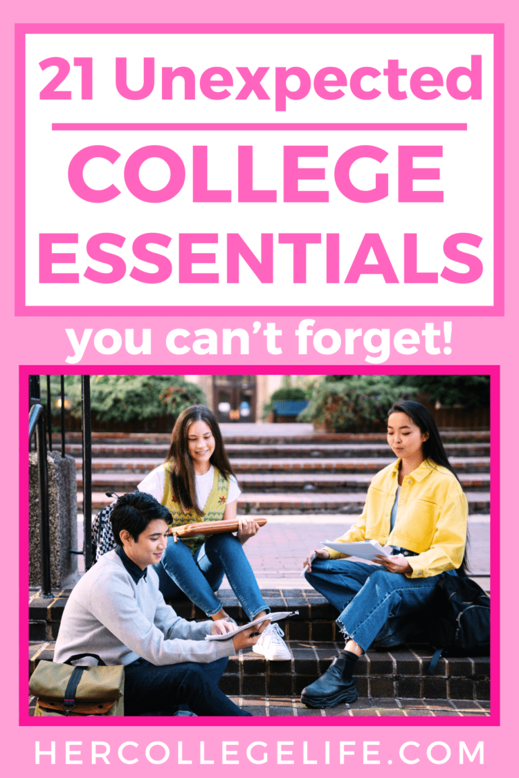 Featured blog image with hot pink background and picture of college students sitting on steps studying. Image has text overlay that says 20 unexpected college essentials you can't forget.