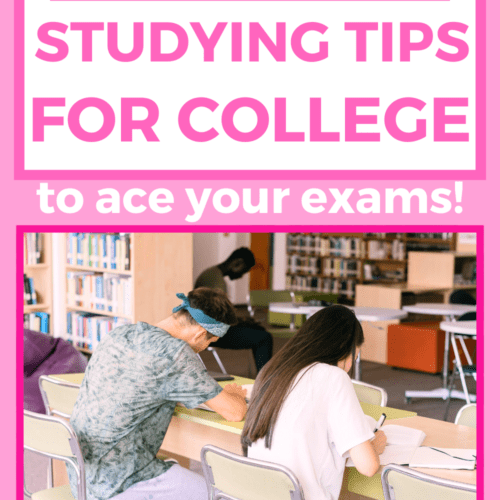 Featured blog image for 8 best studying tips for college. Image of two college students sitting at table with heads down studying for college exams over hot pink background. Hot pink text above image says 8 best studying tips for college to ace your exams.