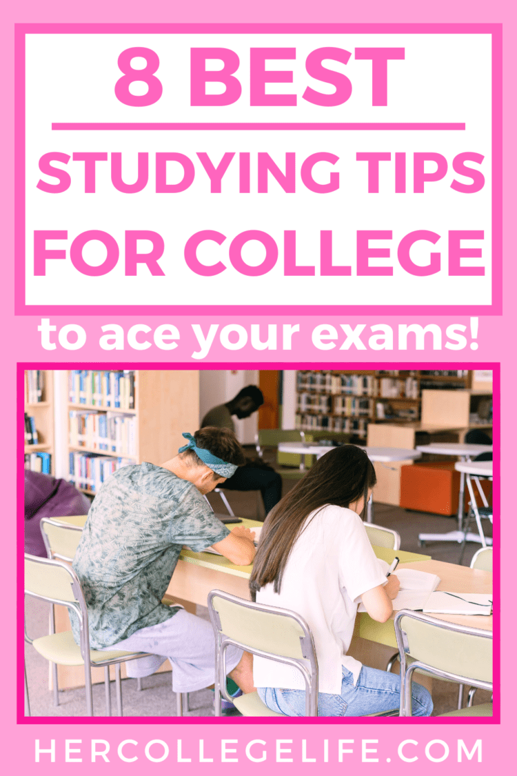 Featured blog image for 8 best studying tips for college. Image of two college students sitting at table with heads down studying for college exams over hot pink background. Hot pink text above image says 8 best studying tips for college to ace your exams.