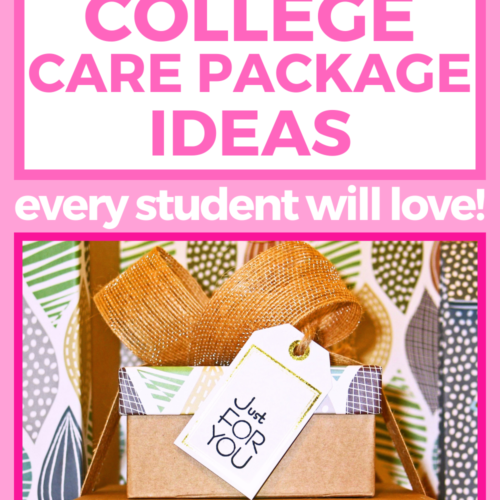 featured blog image for college care package ideas. Image is of care package with tag that says "just for you." Above there is pink text overlay that says "20 best college care package ideas every student will love!"