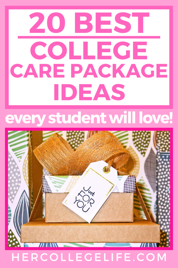 featured blog image for college care package ideas. Image is of care package with tag that says "just for you." Above there is pink text overlay that says "20 best college care package ideas every student will love!"