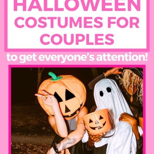 Featured image for 25 cute Halloween costume ideas for couples. Image is of a person wearing orange pumpkin hat costume and person wearing ghost sheet costume next to them. Pink text overlay above image reads 25 cute Halloween costumes for couples.