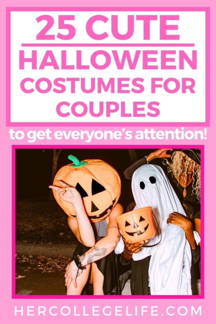 Featured image for 25 cute Halloween costume ideas for couples. Image is of a person wearing orange pumpkin hat costume and person wearing ghost sheet costume next to them. Pink text overlay above image reads 25 cute Halloween costumes for couples.
