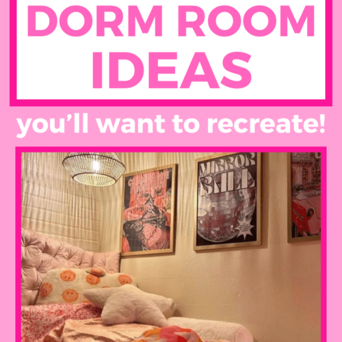 Featured blog image for cute dorm room ideas you'll want to recreate. Image is of dorm bed with dim lighting from hanging lamp, pink and orange throw blanket, and three picture frames hanging on wall. Over the image there is hot pink text overlay that says 15 cute dorm room ideas you'll want to recreate.